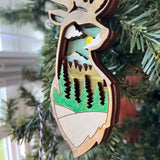 Rustic Deer Silhouette Christmas Ornament - Hand-Painted 4-Layer Wooden Forest Scene