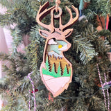 Rustic Deer Silhouette Christmas Ornament - Hand-Painted 4-Layer Wooden Forest Scene