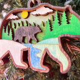 Rustic Bear Christmas Ornament - Hand-Painted 4-Layer Wooden Forest and River Scene