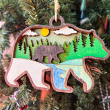 Rustic Bear Christmas Ornament - Hand-Painted 4-Layer Wooden Forest and River Scene