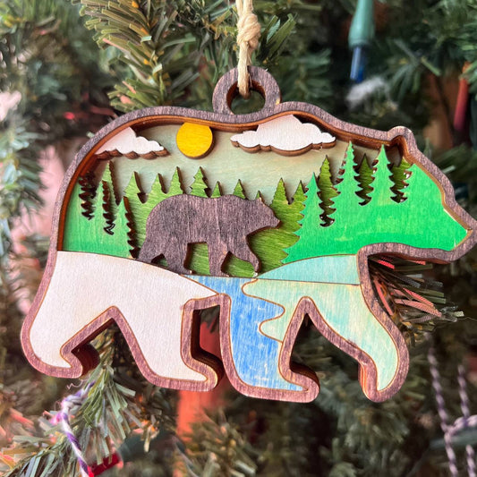 Rustic Bear Christmas Ornament - Hand-Painted 4-Layer Wooden Forest and River Scene