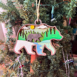 Rustic Bear Christmas Ornament - Hand-Painted 4-Layer Wooden Forest and River Scene