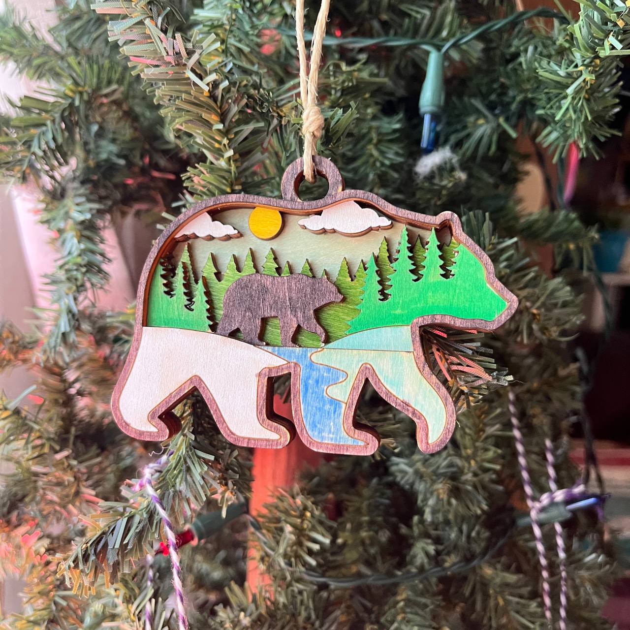 Rustic Outdoor Christmas Ornament Set - Hand-Painted 4-Layer Wooden Nature Collection (12 Pieces)
