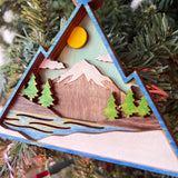 Rustic Mountain Christmas Ornament - Hand-Painted 4-Layer Wooden Nature Scene
