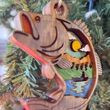 Rustic Fishing Christmas Ornament - Hand-Painted 4-Layer Wooden Bass and Lake Scene
