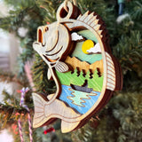 Rustic Fishing Christmas Ornament - Hand-Painted 4-Layer Wooden Bass and Lake Scene