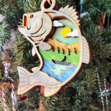 Rustic Fishing Christmas Ornament - Hand-Painted 4-Layer Wooden Bass and Lake Scene