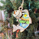 Rustic Fishing Christmas Ornament - Hand-Painted 4-Layer Wooden Bass and Lake Scene