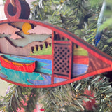 Rustic Canoe Christmas Ornament - Hand-Painted 4-Layer Wooden Lake and Mountain Scene