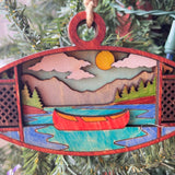 Rustic Canoe Christmas Ornament - Hand-Painted 4-Layer Wooden Lake and Mountain Scene