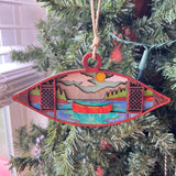 Rustic Canoe Christmas Ornament - Hand-Painted 4-Layer Wooden Lake and Mountain Scene