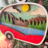 Rustic Camper Christmas Ornament - Hand-Painted 4-Layer Wooden Travel Trailer Decor