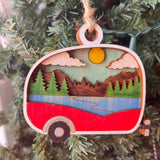 Rustic Camper Christmas Ornament - Hand-Painted 4-Layer Wooden Travel Trailer Decor