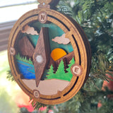 Rustic Compass Christmas Ornament - Hand-Painted 4-Layer Wooden Adventure Scene