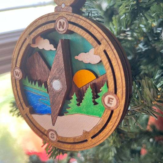 Rustic Compass Christmas Ornament - Hand-Painted 4-Layer Wooden Adventure Scene