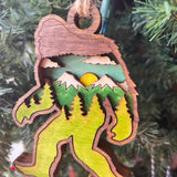 Rustic Bigfoot Christmas Ornament - Hand-Painted 4-Layer Wooden Sasquatch Forest Scene