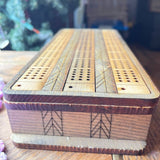 Handcrafted Wooden Cribbage Board with Storage – Pegs & Cards Included – Rustic Nesting-Lid Design (10.5"x4.5")