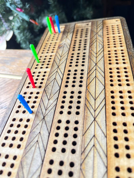 Handcrafted Wooden Cribbage Board with Storage – Pegs & Cards Included – Rustic Nesting-Lid Design (10.5"x4.5")