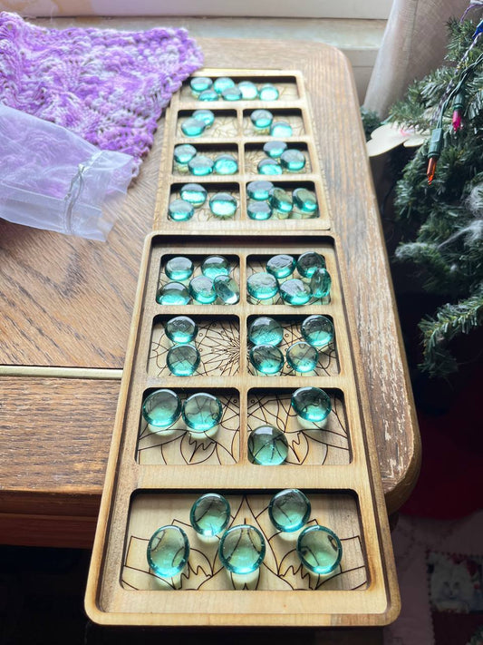 Handcrafted Folding Wooden Mancala Game – Travel Board with Leather Clasp & Glass Marbles (9.5"x5.5" Closed)