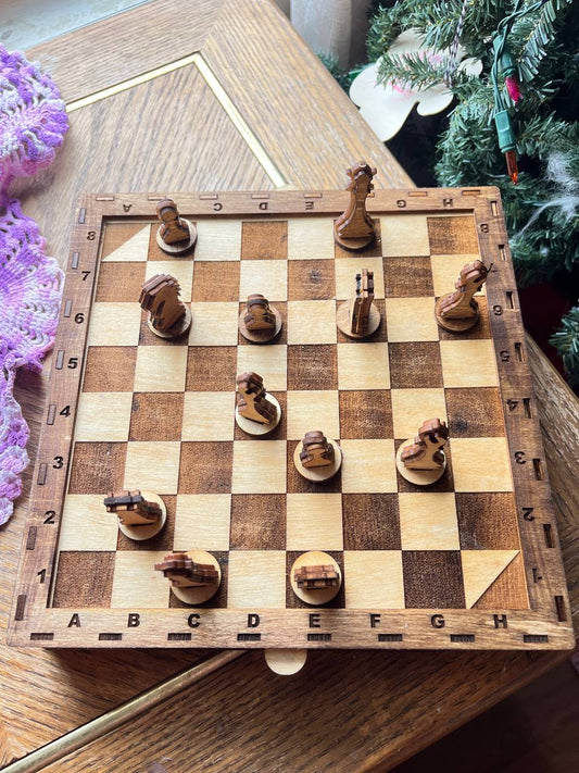 Handcrafted Wooden Chess Set – Portable Board with Storage Drawer & Detailed Pieces (9.5" Square)