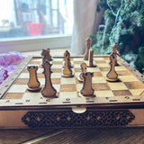 Handcrafted Wooden Chess Set – Portable Board with Storage Drawer & Detailed Pieces (9.5" Square)