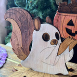 Handcrafted Halloween Wood Decor Set – Layered 3D Squirrel with Pumpkin & Vampire Nutcracker – Rustic Autumn Tabletop Decorations