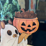 Handcrafted Halloween Squirrel Wood Decor – Layered 3D Wooden Squirrel with Pumpkin & Acorns – Rustic Autumn Tabletop Decoration (7"x7")