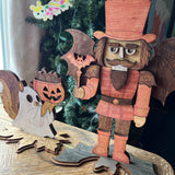 Handcrafted Halloween Wood Decor Set – Layered 3D Squirrel with Pumpkin & Vampire Nutcracker – Rustic Autumn Tabletop Decorations