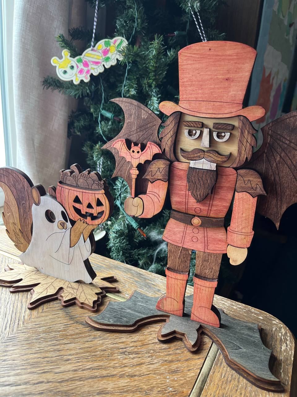 Handcrafted Halloween Nutcracker with Bat Wings – 3D Layered Wood Vampire Nutcracker – Rustic Gothic Fall Tabletop Decoration (11.5"x9")