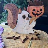 Handcrafted Halloween Wood Decor Set – Layered 3D Squirrel with Pumpkin & Vampire Nutcracker – Rustic Autumn Tabletop Decorations