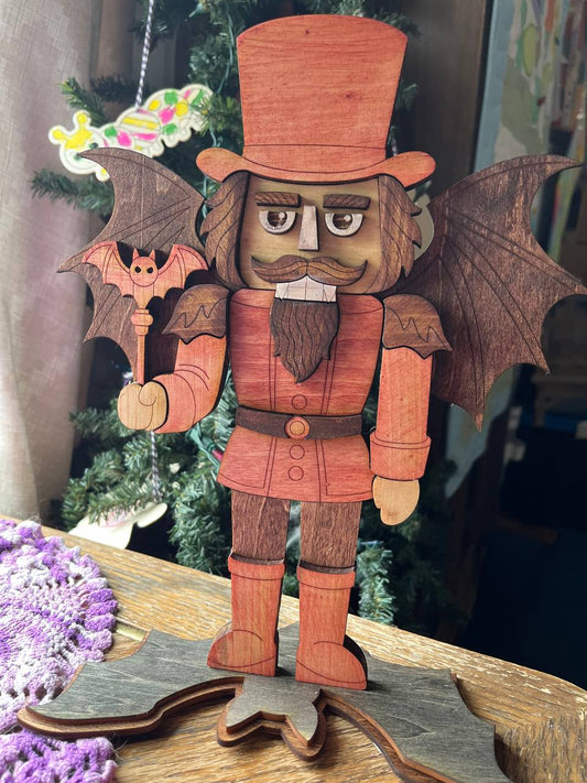Handcrafted Halloween Nutcracker with Bat Wings – 3D Layered Wood Vampire Nutcracker – Rustic Gothic Fall Tabletop Decoration (11.5"x9")