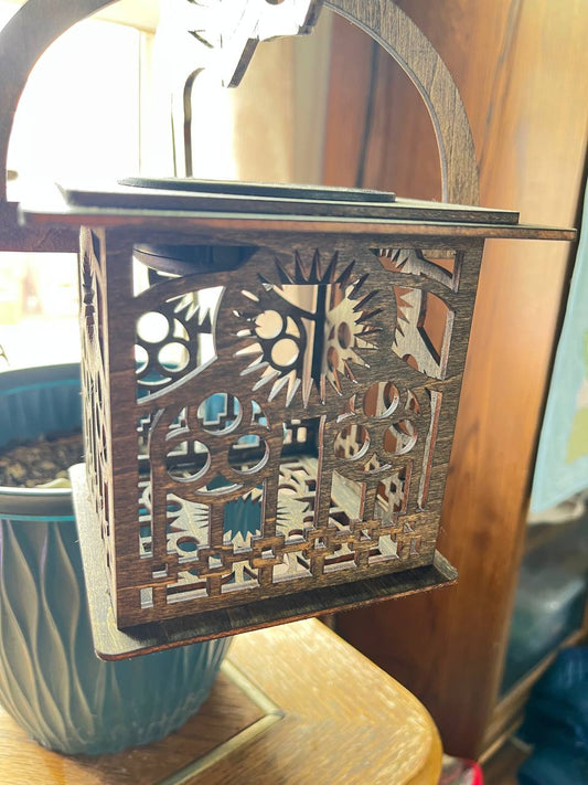 Handcrafted Wooden Halloween Lantern – Rustic Gothic Candle or Solar Holder – Intricate Cutout Fall Decor (6.5" Tall)