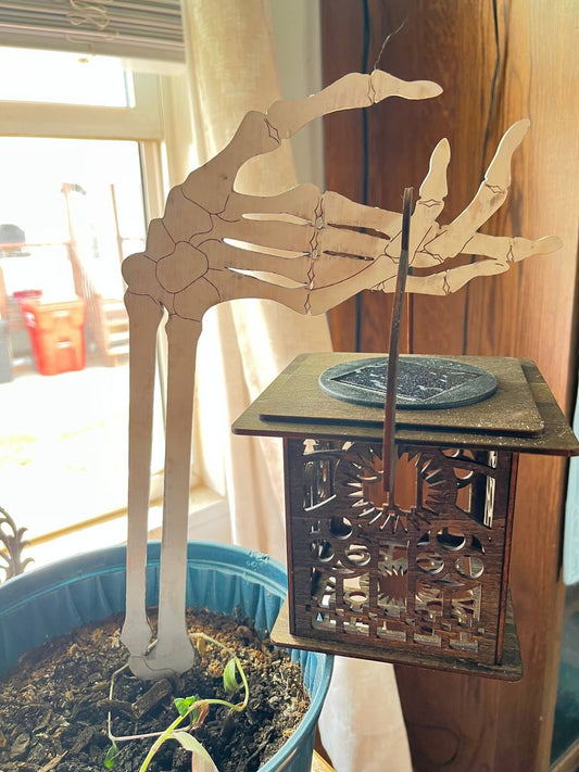 Halloween Skeleton Hand Solar Light – Rustic Wooden Lantern Yard or Patio Decoration – Spooky Outdoor Halloween Decor (14"x6.5")