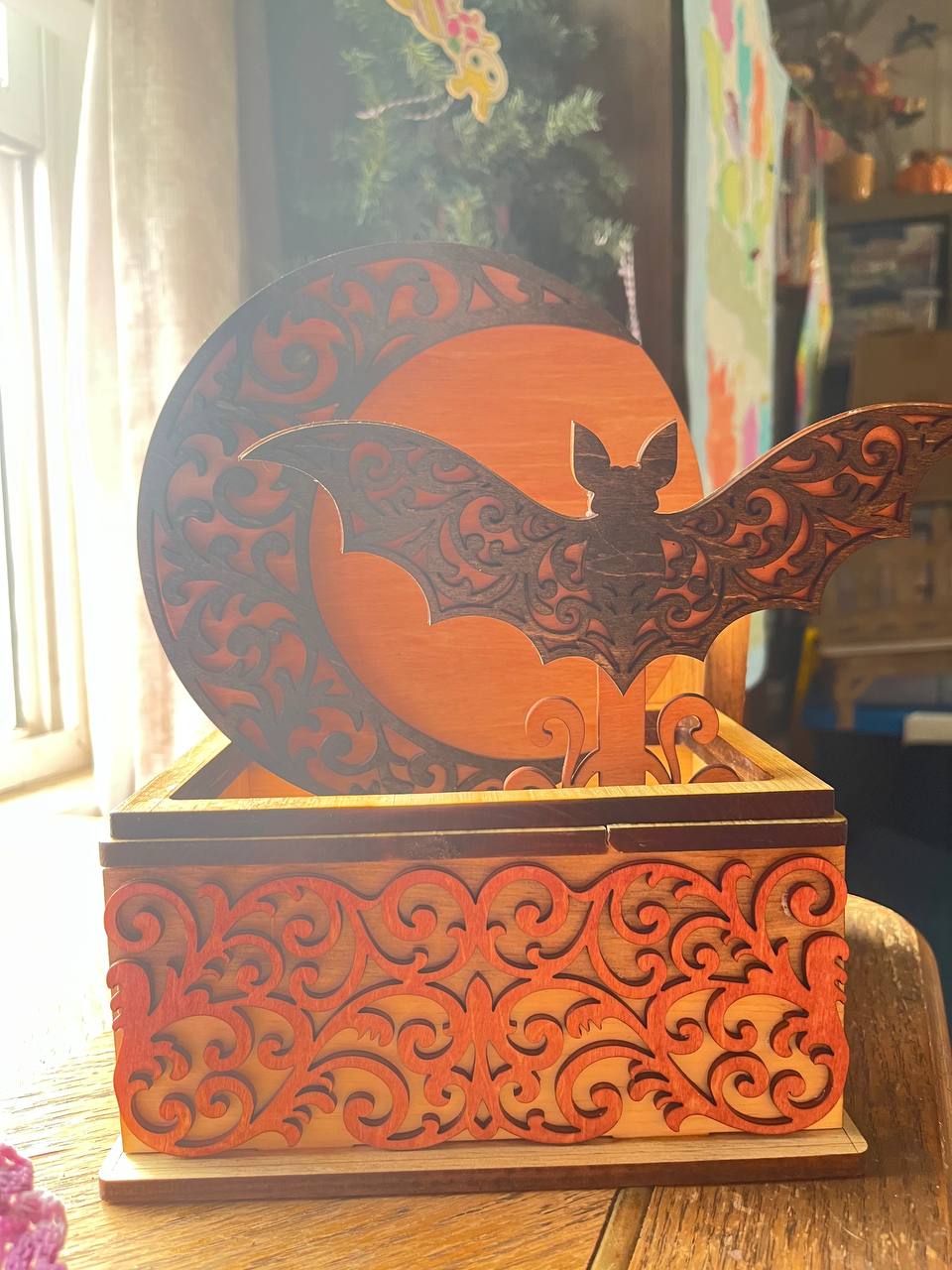 Handcrafted Wooden Filigree Box – Halloween Candy Dish or Keepsake Storage – Layered Scrollwork Wood Box with Nesting Lid (8"x6"x4.25")