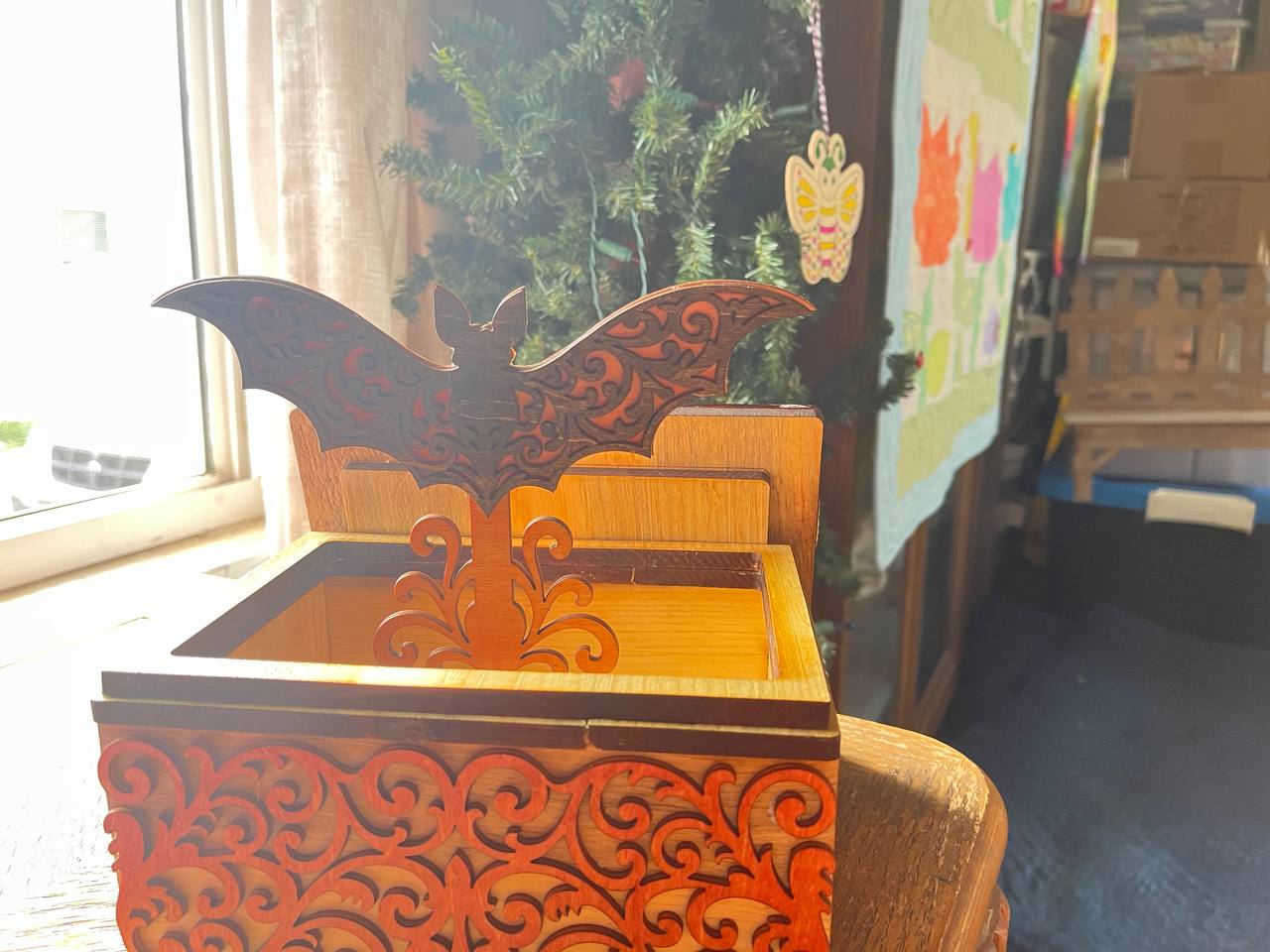 Handcrafted Wooden Filigree Box – Halloween Candy Dish or Keepsake Storage – Layered Scrollwork Wood Box with Nesting Lid (8"x6"x4.25")