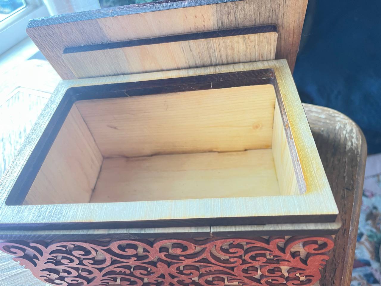 Handcrafted Wooden Filigree Box – Halloween Candy Dish or Keepsake Storage – Layered Scrollwork Wood Box with Nesting Lid (8"x6"x4.25")