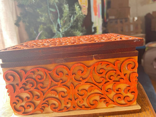 Handcrafted Wooden Filigree Box – Halloween Candy Dish or Keepsake Storage – Layered Scrollwork Wood Box with Nesting Lid (8"x6"x4.25")
