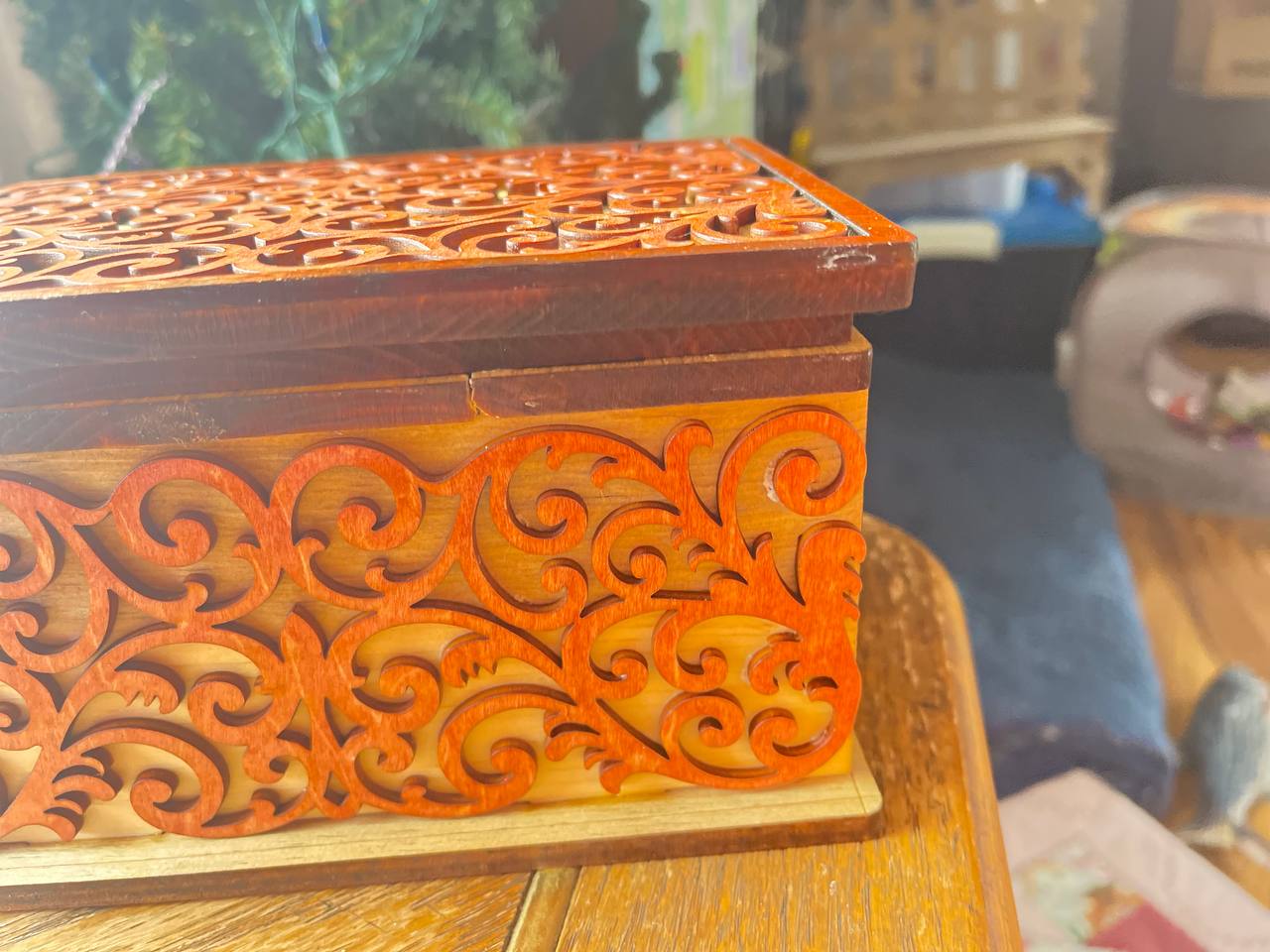 Handcrafted Wooden Filigree Box – Halloween Candy Dish or Keepsake Storage – Layered Scrollwork Wood Box with Nesting Lid (8"x6"x4.25")