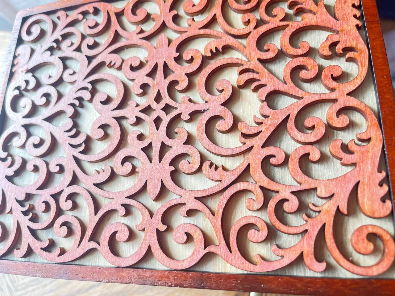 Handcrafted Wooden Filigree Box – Halloween Candy Dish or Keepsake Storage – Layered Scrollwork Wood Box with Nesting Lid (8"x6"x4.25")