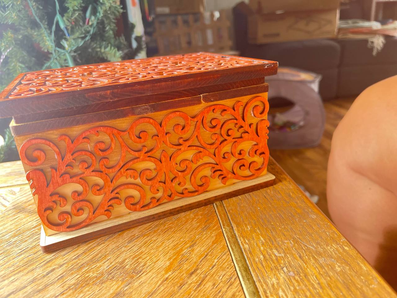 Handcrafted Wooden Filigree Box – Halloween Candy Dish or Keepsake Storage – Layered Scrollwork Wood Box with Nesting Lid (8"x6"x4.25")