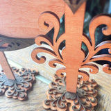 Handcrafted Halloween Moon & Bat Wood Decor Set – Layered Scrollwork Wooden Halloween Decorations – Rustic Autumn Tabletop Display