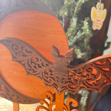 Handcrafted Halloween Moon & Bat Wood Decor Set – Layered Scrollwork Wooden Halloween Decorations – Rustic Autumn Tabletop Display