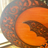 Handcrafted Halloween Moon & Bat Wood Decor Set – Layered Scrollwork Wooden Halloween Decorations – Rustic Autumn Tabletop Display