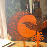 Handcrafted Halloween Moon & Bat Wood Decor Set – Layered Scrollwork Wooden Halloween Decorations – Rustic Autumn Tabletop Display