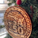 USA 250 Wooden Ornament – 1776–2026 Patriotic Engraved Ornament – Handmade Pine Decor