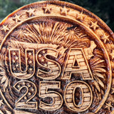 USA 250 Wooden Ornament – 1776–2026 Patriotic Engraved Ornament – Handmade Pine Decor
