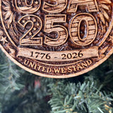 USA 250 Wooden Ornament – 1776–2026 Patriotic Engraved Ornament – Handmade Pine Decor