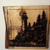 Rustic Lighthouse & Cabin Wood Wall Art – Hand Engraved Pine or Aspen – Coastal Forest Decor
