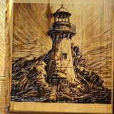 Rustic Lighthouse Wood Wall Art – Hand Engraved Pine or Aspen – Coastal Cabin Decor