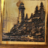 Rustic Lighthouse & Cabin Wood Wall Art – Hand Engraved Pine or Aspen – Coastal Forest Decor